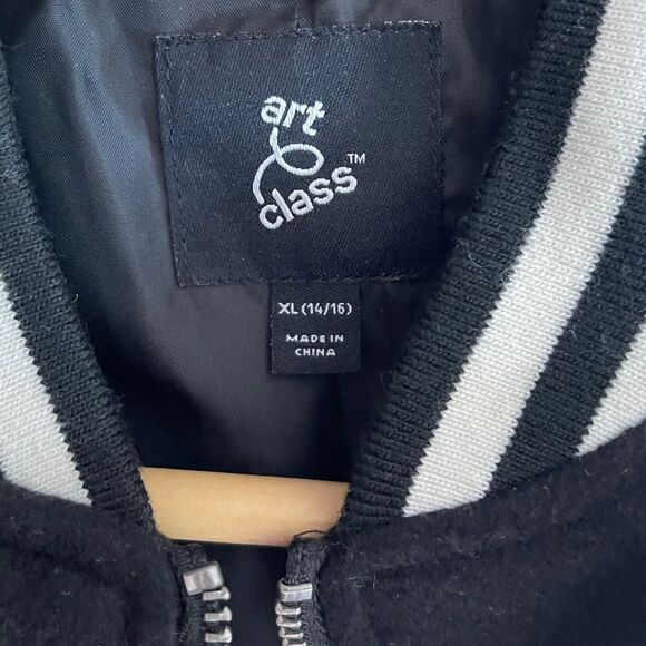 GIRLS ART CLASS Black Bomber Jacket White Faux Leather Sleeves, XL - Picture 3 of 5